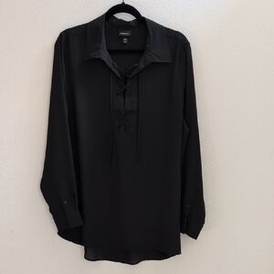 WhoWhatWear Black Lace-Up Collar Long Sleeve Blouse